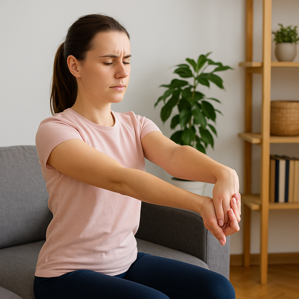 אישה מבצעת תרגיל לשחרור כאבים ביד בבית