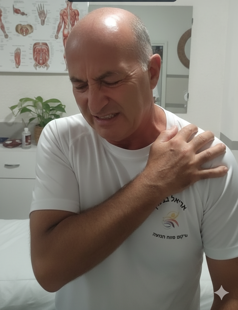 גבר אוחז בכתפה בכאב, ברקע סביבה ביתית רגועה
