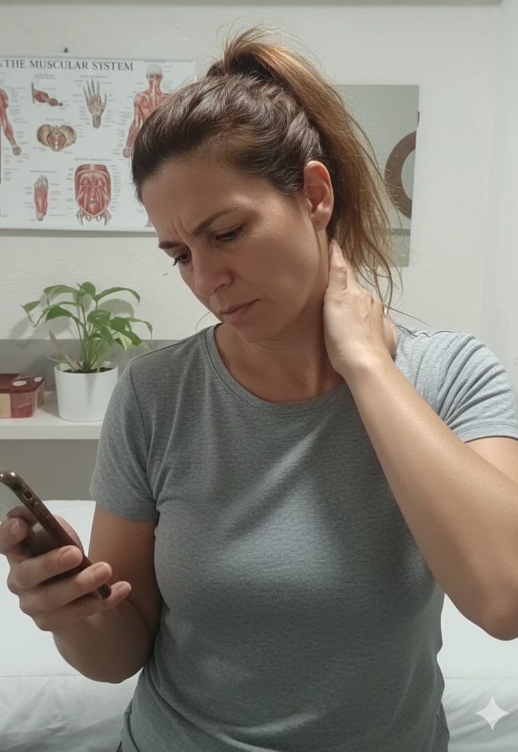 אישה בת 40 אוחזת בצווארה בכאב תוך כדי הסתכלות על טלפון נייד