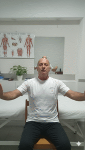 אדם מבצע תרגיל נשימה סרעפתית בשכיבה על הגב עם יד על הבטן לשיקום כאב גב וצוואר