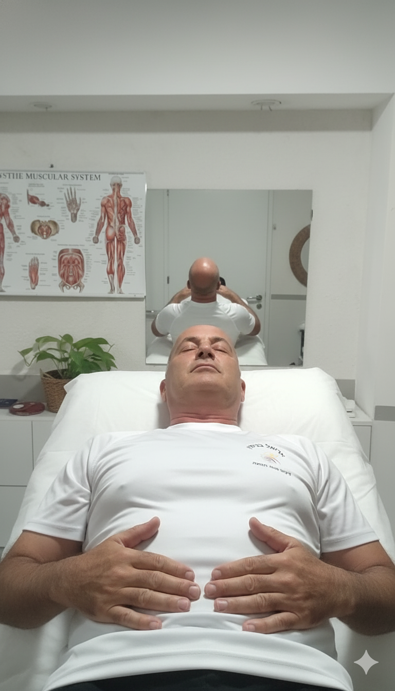 אדם מבצע תרגילי נשימה סרעפתית בשכיבה עם ידיים על הבטן