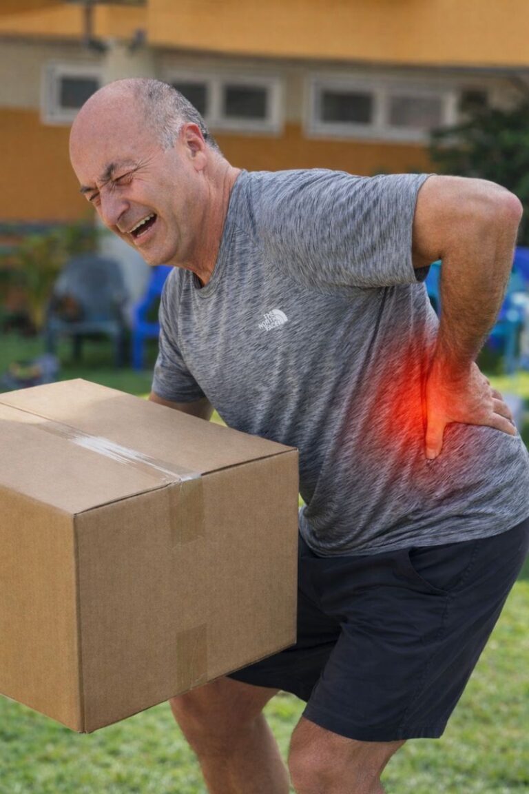 עובד בניין עם כאב גב תחתון בזמן הרמה